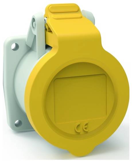 Gelber industrieller Stecker mit rundem Schutzdeckel, auf grauer Basis montiert, entwickelt für sichere industrielle Stromverbindungen.