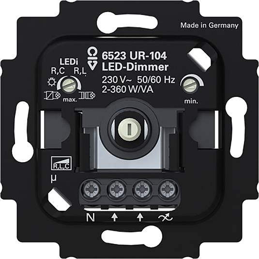 Ein schwarzer LED-Dimmerschalter mit der Bezeichnung „6523 UR-104