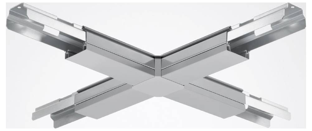 X-förmige Metallhalterung mit Schlitzen und Kanälen, entwickelt zum Verbinden und Stützen von Strukturen. Graumetallic-Oberfläche auf allen Seiten.