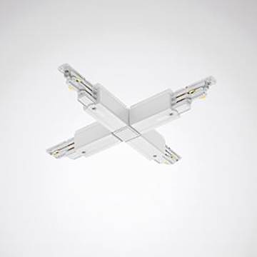 Ein weißer Deckenkreuzungs-Stromschienenstecker mit vier Anschlussschienen, entwickelt für hängende Beleuchtungssysteme.