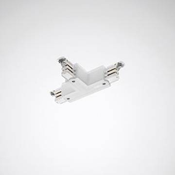 Ein weißer Elektrostecker mit vier Metallklemmen ist vor einem neutralen grauen Hintergrund positioniert. Er ist für Schaltungsverbindungen konzipiert.