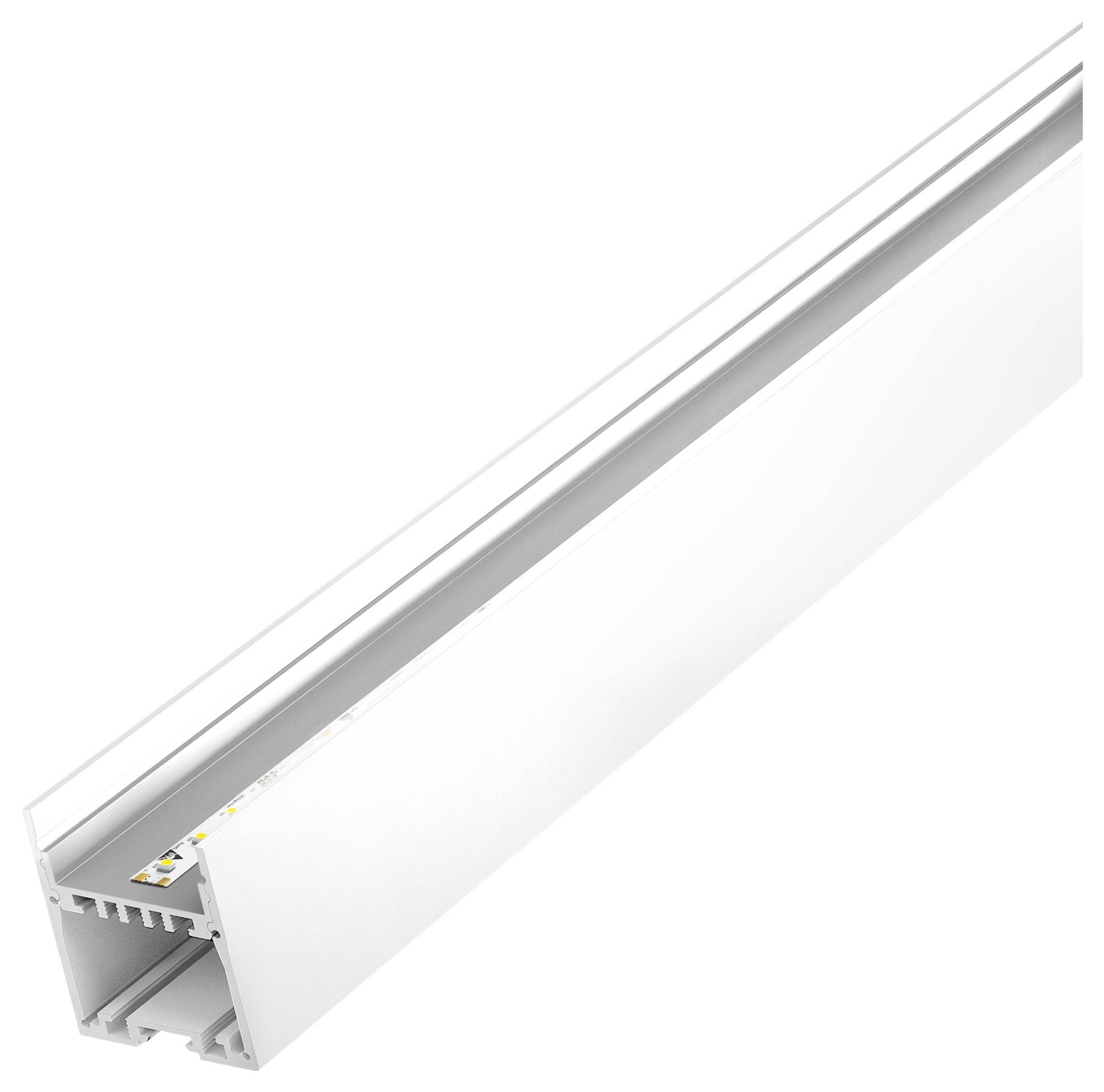 Ein weißes Aluminium-LED-Profilsystem mit halbdurchsichtigem Abdeckung. Entwickelt zur Aufnahme von LED-Streifen und bietet eine elegante, moderne Beleuchtungslösung.