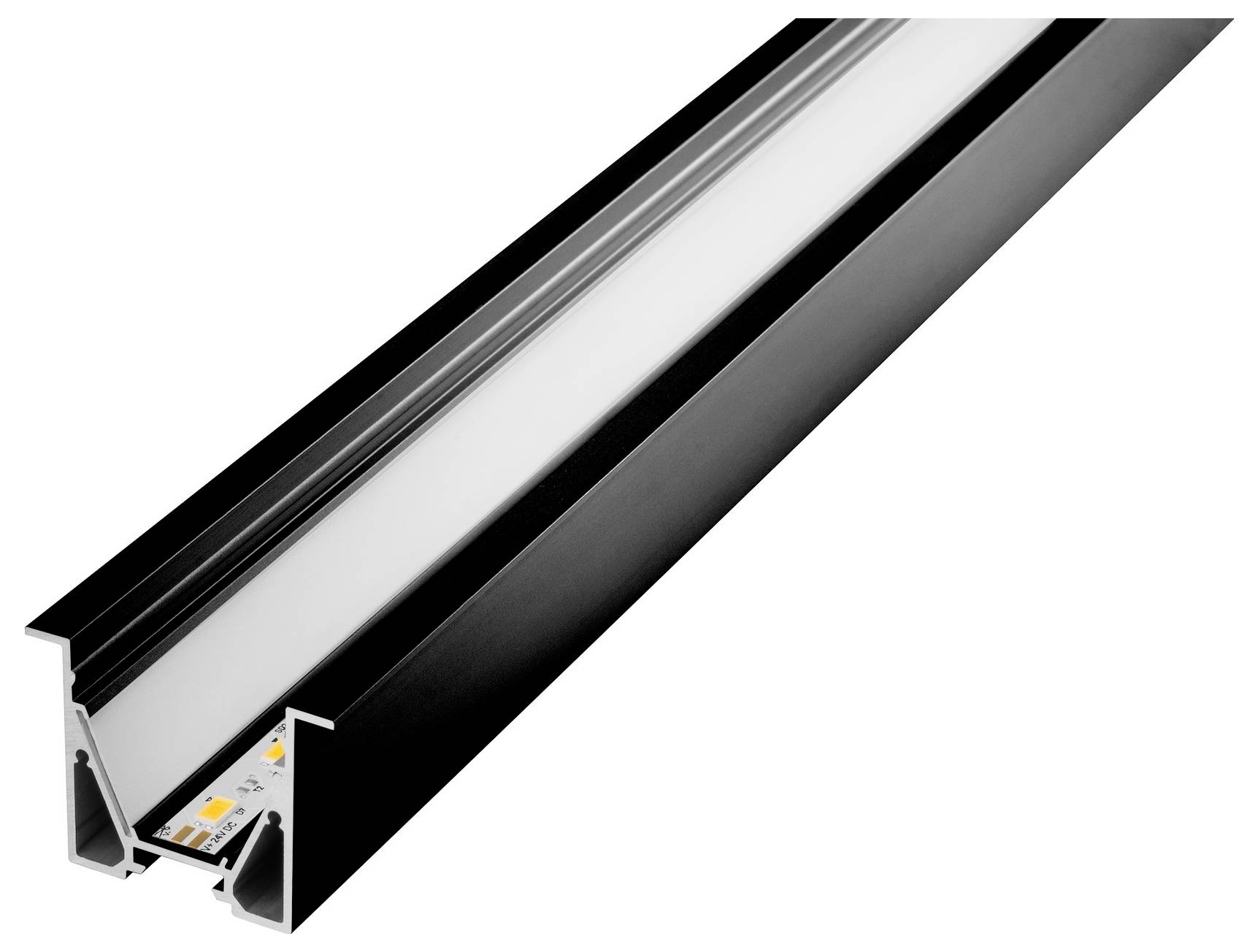 Schwarze LED-Streifenleuchte mit Aluminium-Gehäuse, versehen mit einer durchscheinenden Abdeckung und einem inneren LED-Streifen mit sichtbaren Schaltungskomponenten.