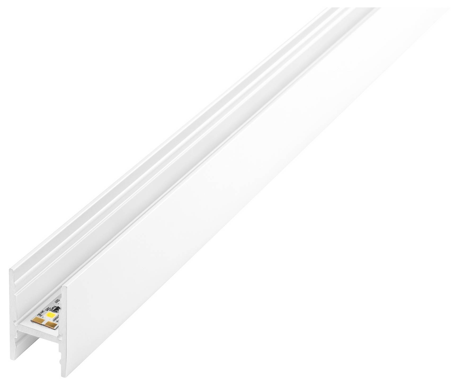 Ein weißes LED-Aluminiumprofil-Kanal, entwickelt zur Aufnahme von LED-Streifen, mit offener Nut und sichtbarem Innenraum für die Lichtinstallation.