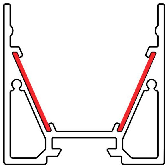 Querschnitt einer mechanischen Komponente mit zwei hervorgehobenen diagonalen Streben, die strukturelle Unterstützung anzeigen.
