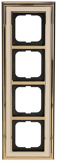 Ein vierschlitziger Goldrahmen, konzipiert für horizontale oder vertikale Wandmontage, typischerweise verwendet für elektrische Schalter oder Steckdosen.