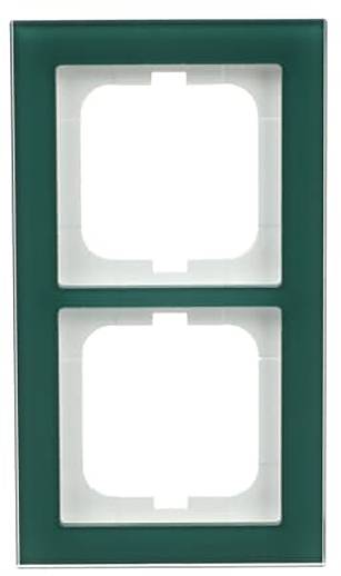 Ein grüner Doppelschalter-Rahmen mit rechteckiger Form und zwei Öffnungen für Schalter, ausgestattet mit weißen inneren Rändern.