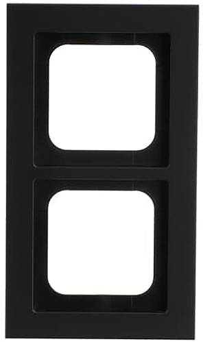 Ein schwarzer, vertikaler, rechteckiger Rahmen mit zwei quadratischen Öffnungen, übereinander gestapelt, vor weißem Hintergrund.