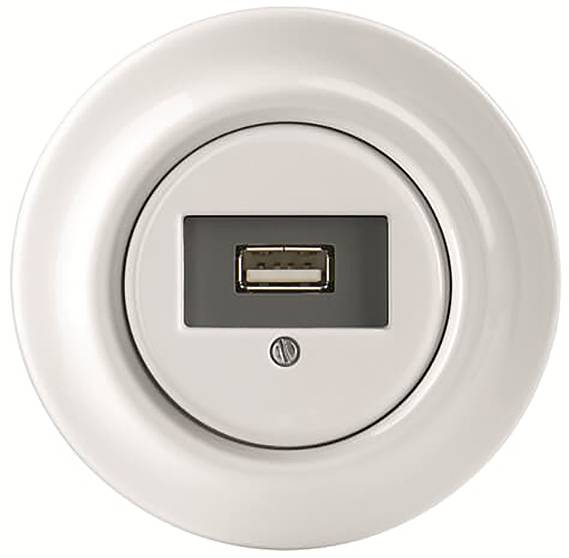 Runde weiße wandmontierte USB-Buchse.