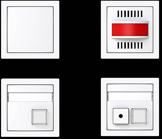Vier Arten von elektrischen Schaltern auf schwarzem Hintergrund: Standard, mit Lüftungsöffnungen und einem roten Schieber, mit einem horizontalen Schieber und mit Doppelknöpfen.