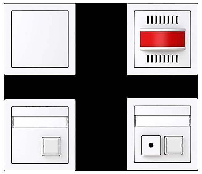 Vier weiße Elektroschalter auf schwarzem Hintergrund. Der Schalter oben rechts hat eine rote Anzeige, die anderen sind Standard und ohne Beschriftung.