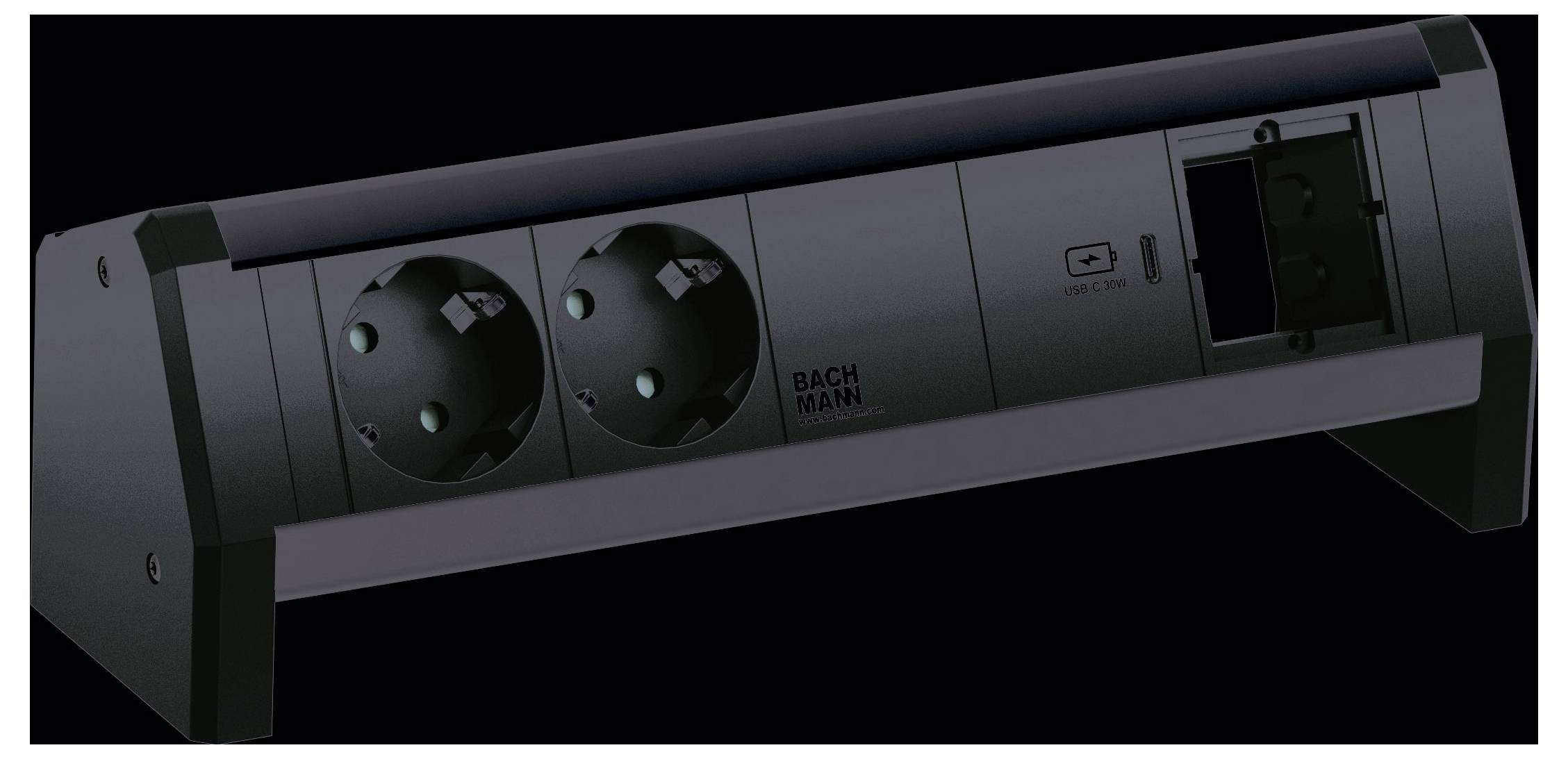 Ein dunkel gefärbtes Schaltnetzteil mit zwei europäischen Steckdosen und einem fehlenden Komponentenplatz auf der rechten Seite.