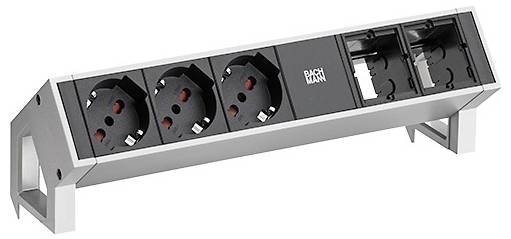Steckdosenleiste mit zwei europäischen Steckdosen und zwei Netzwerkanschlüssen in einem silbernen Gehäuse. Geeignet für Büro- oder Heimgebrauch.