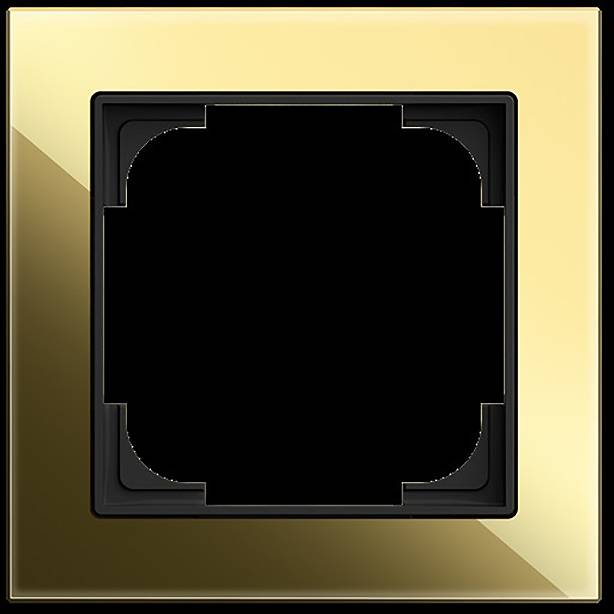 Ein quadratischer, glänzender Goldschalterrahmen mit dekorativem Design und leerer Mitte, auf reflektierendem schwarzem Hintergrund platziert.
