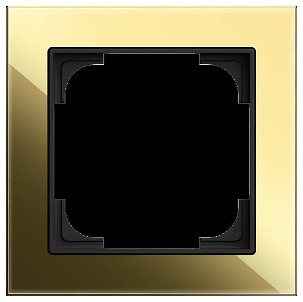 Goldfarbener quadratischer Rahmen mit schwarzer, leerer Mitte, möglicherweise für einen Lichtschalter oder eine Steckdose.