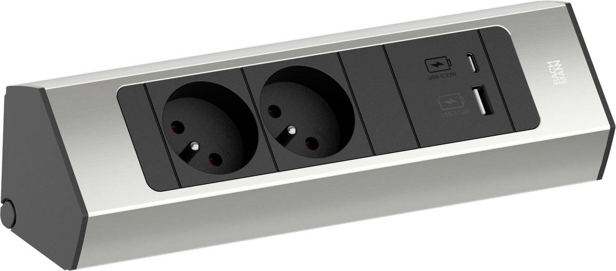 Steckerleiste für den Schreibtisch mit zwei europäischen Steckdosen und zwei USB-Ladeanschlüssen in silbernem Gehäuse mit Winkelform