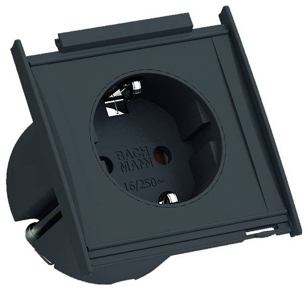 Eine quadratische schwarze Steckdose für die Wandmontage, die einen einzelnen runden Steckeranschluss mit Seitenklemmen zur Befestigung zeigt.