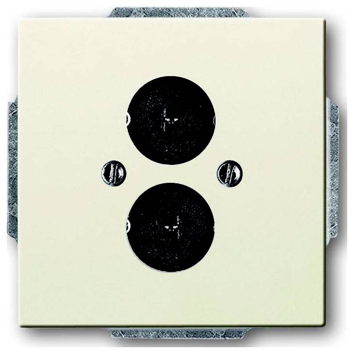 Ein beiges elektrisches Wandsteckdosenfeld mit zwei runden Steckdosen, die vertikal angeordnet und mit Schrauben gesichert sind, auf einem grauen metallischen Hintergrund montiert.