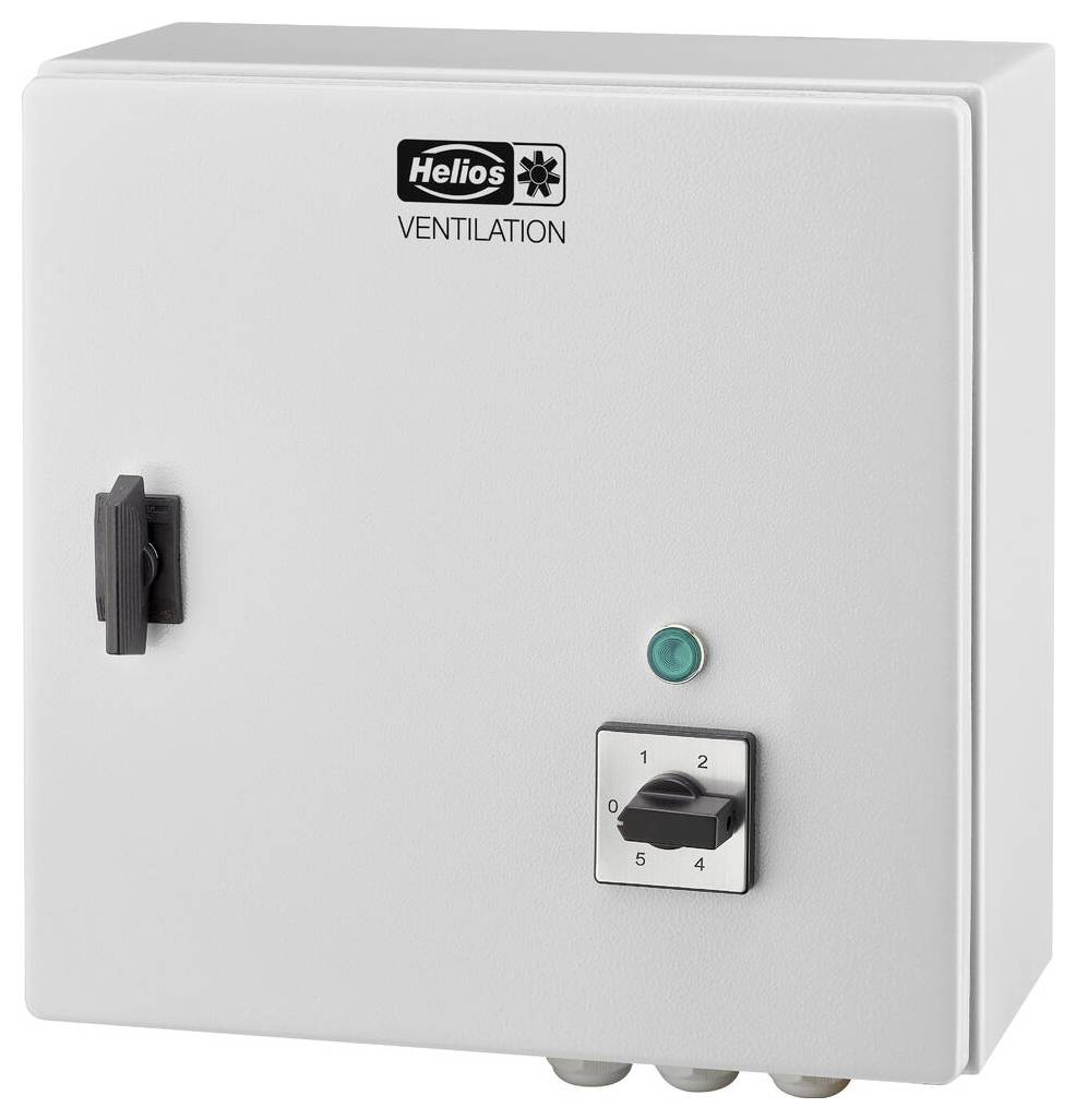 Helios-Lüftungssteuerungsbox mit Wahlschalter und grünem Knopf, verwendet zur Verwaltung von Lüftungssystemeinstellungen.