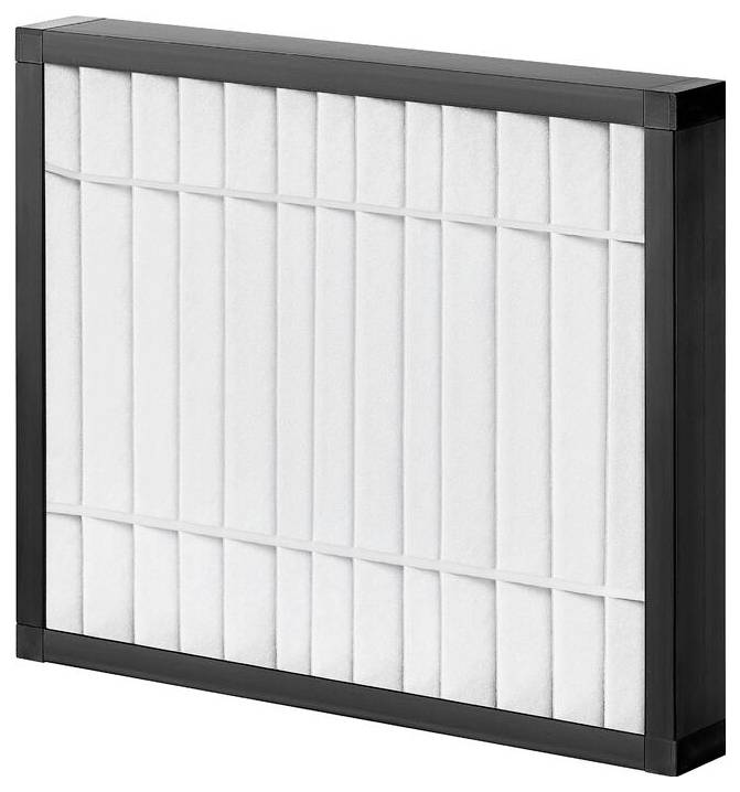 Nahaufnahme eines gefalteten Luftfilters mit schwarzem Rahmen, der in HVAC-Systemen verwendet wird, wobei die Struktur und das Design des Filters hervorgehoben werden.