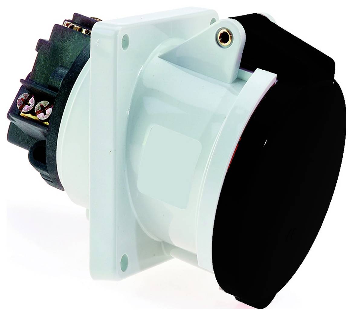 Eine weiß-schwarze elektrische Komponente mit mehreren metallischen Anschlüssen, montiert auf einer Halterung für Installationszwecke.