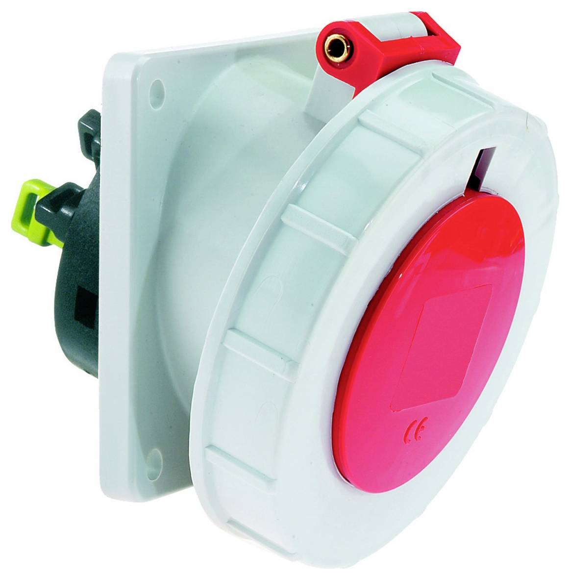 Eine rote und weiße runde Steckdose mit einem aufklappbaren Schutzdeckel, zum Wandeinbau konzipiert.