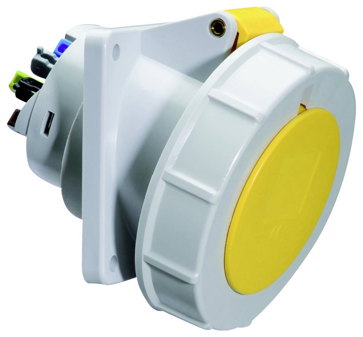 Eine Schrägansicht einer weißen industriellen Stromsteckdose mit gelbem Schutzkappchen und farbigen Drahtanschlüssen für Hochleistungsverbindungen.