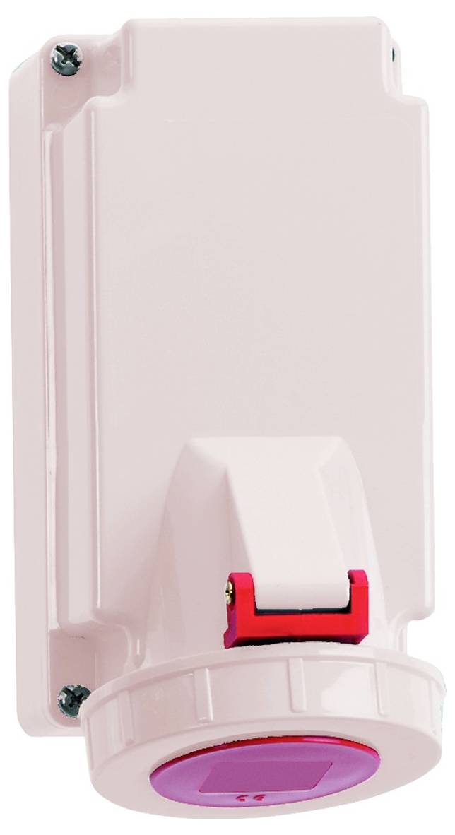 Eine wandmontierte Elektroabdeckung mit rosa Oberfläche und einer runden Steckdose, ausgestattet mit einem roten Riegel.