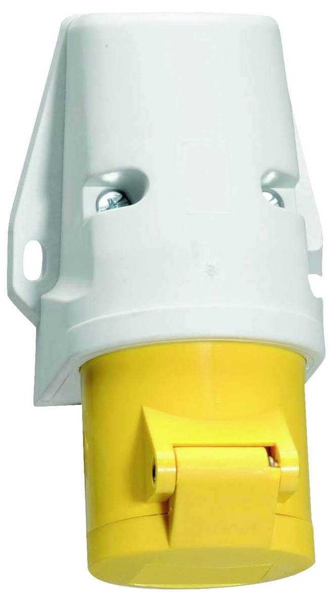 Ein weißer und gelber Industrie-Elektrostecker, konstruiert zur Montage, mit zwei sichtbaren Befestigungslöchern und einem Verriegelungsmechanismus.