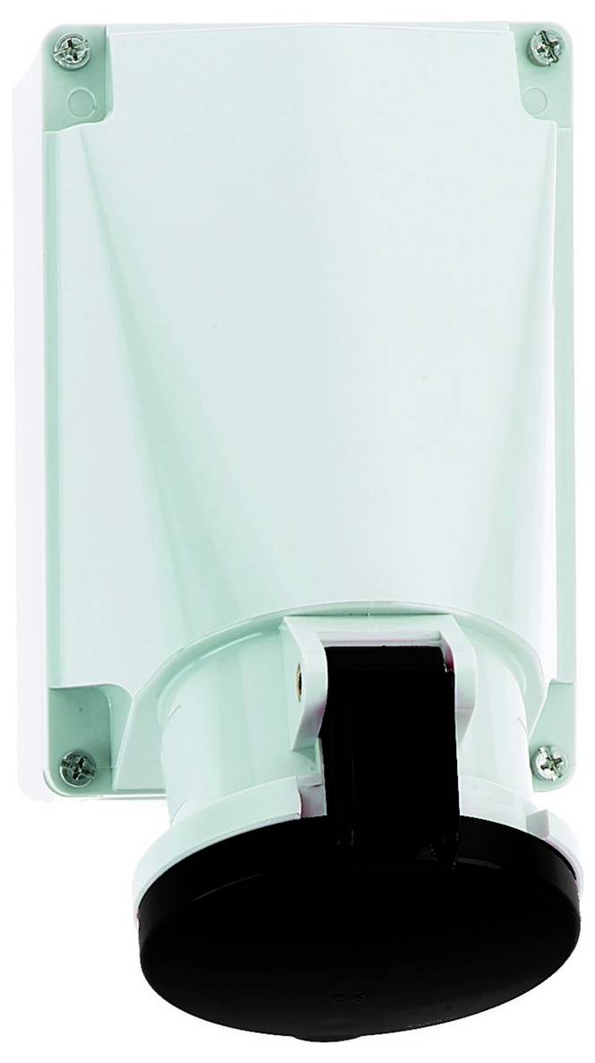 Ein an der Wand montiertes, hellgrünes Außenlicht mit schwarzem, kuppelförmigem Schirm, der nach unten zeigt.