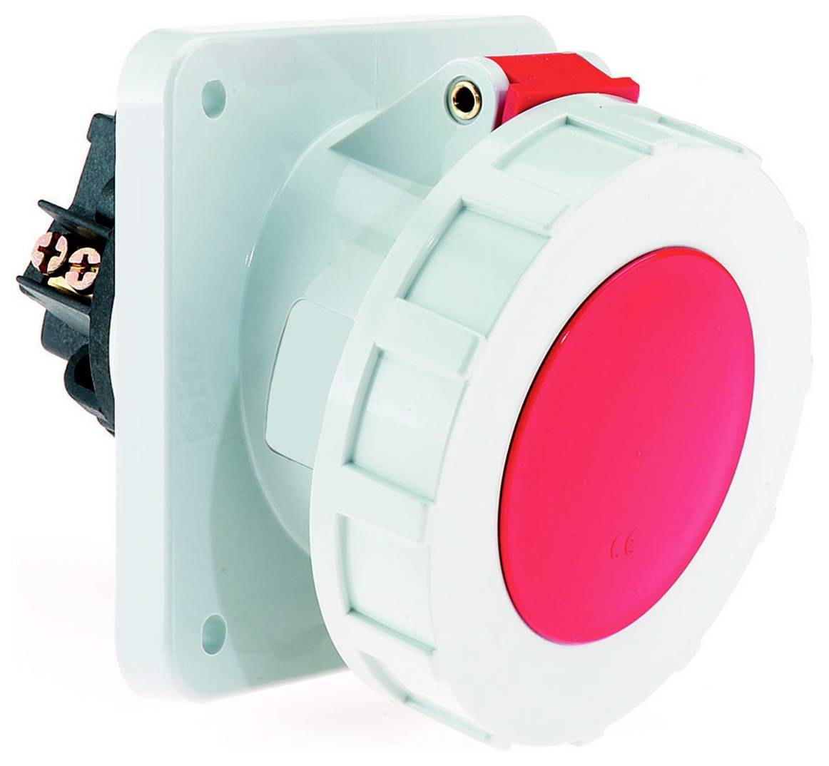 Ein großer roter Nothalteknopf auf einer weißen industriellen Montageplatte, entwickelt zur sofortigen Abschaltung von Maschinen. Geeignet für die Industriesicherheit.