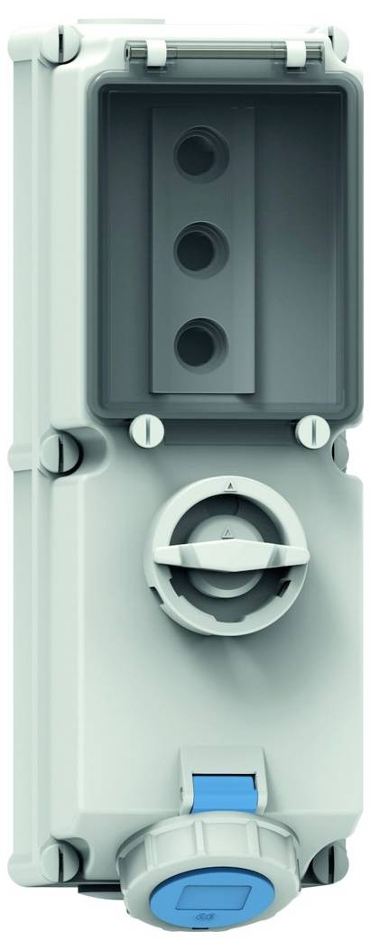 Ein rechteckiges elektrisches Gehäuse mit einem Drehschalter, drei kreisförmigen Indikatoren und einem blauen Knopf, entworfen für industrielle Anwendung.