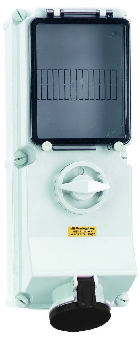 Ein hellgrüner Industriekontrollschalter mit schwarzem Deckel und einem großen kreisförmigen Regler in der Mitte.