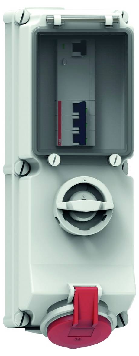 Graues Elektrisches Schaltschrank mit transparentem Deckel, beherbergt einen Leistungsschalter und einen roten Drehschalter am unteren Ende.