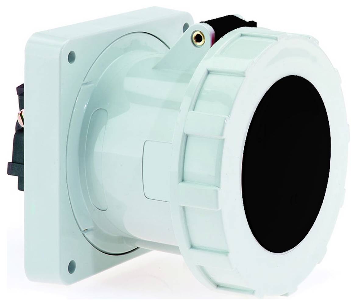 Ein runder, hellblauer Industriestecker mit schwarzem Mittelteil, befestigt auf einer quadratischen Basis, wahrscheinlich für robuste Elektroverbindungen verwendet.