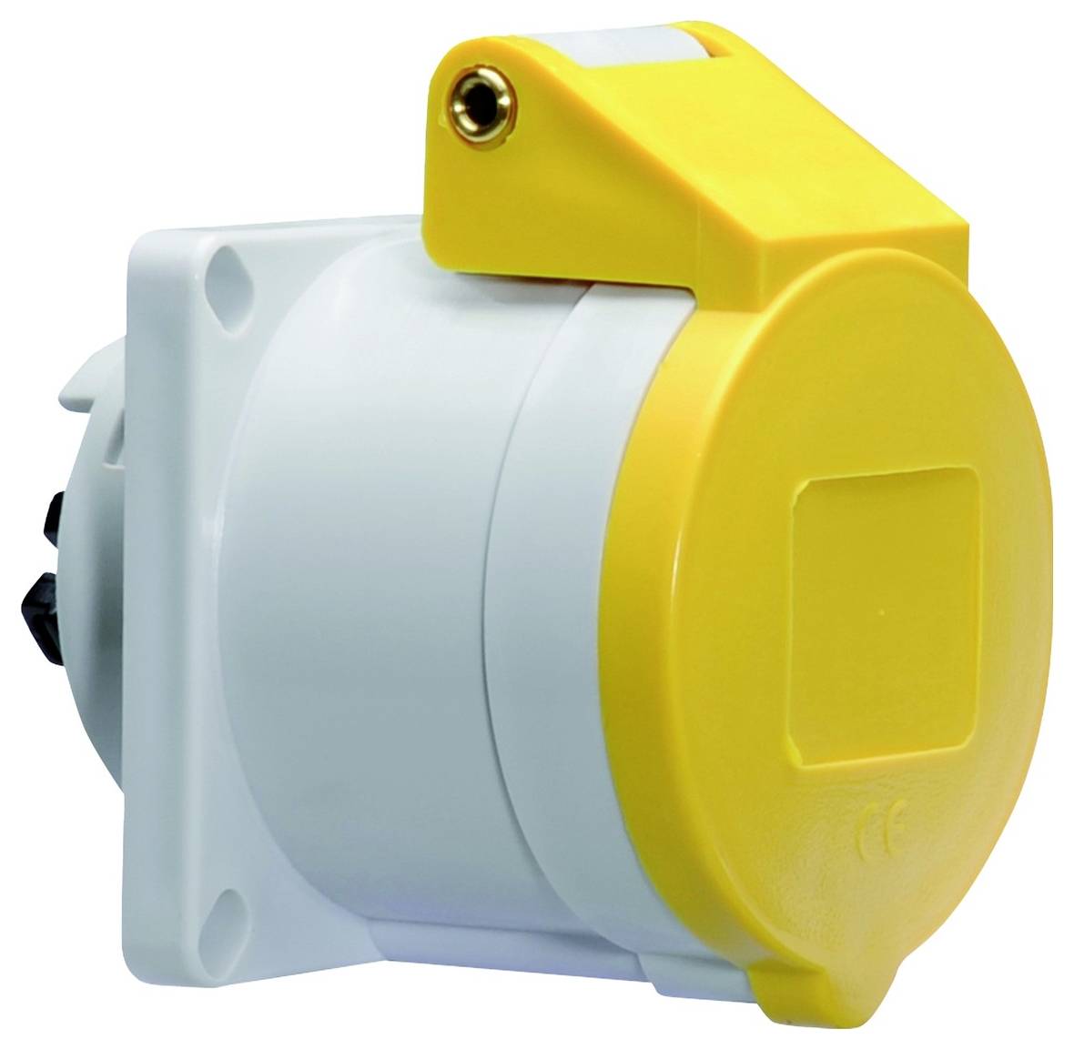 Eine gelbe industrielle Steckdose mit Schutzklapp, montiert auf einer weißen Wandhalterung.