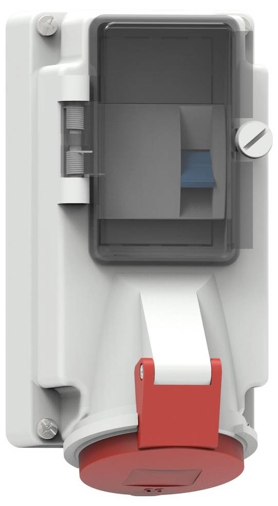 Elektrische Wandsteckdose mit einer Schutzabdeckung und einem roten Verriegelungsmechanismus.