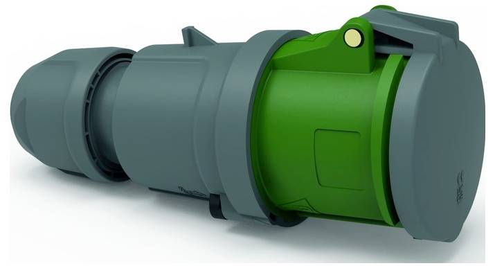 Ein grauer und grüner zylindrischer Industriestecker mit robustem Design, der häufig für schwere elektrische Verbindungen verwendet wird.
