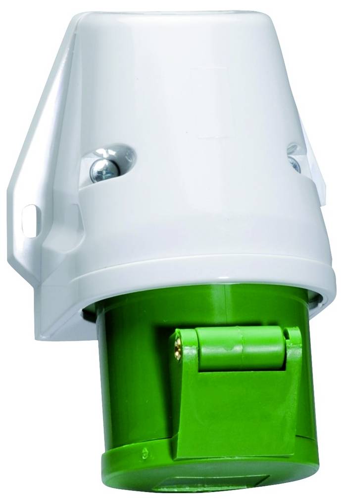 Eine weiße und grüne Elektrosteckdose mit Schutzabdeckung, zur Wandmontage ausgelegt, typischerweise für den Außen- oder Industriebereich verwendet.
