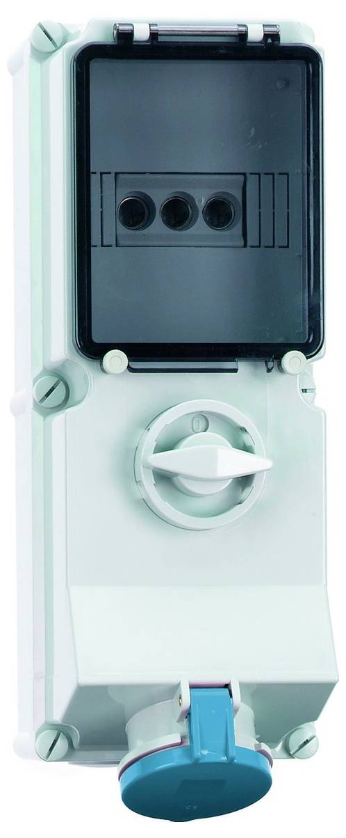 Ein Elektroschrank verfügt über eine geschlossene graue Abdeckung mit einer zentralen weißen Skala und einer blau-roten Steckdose am unteren Ende.