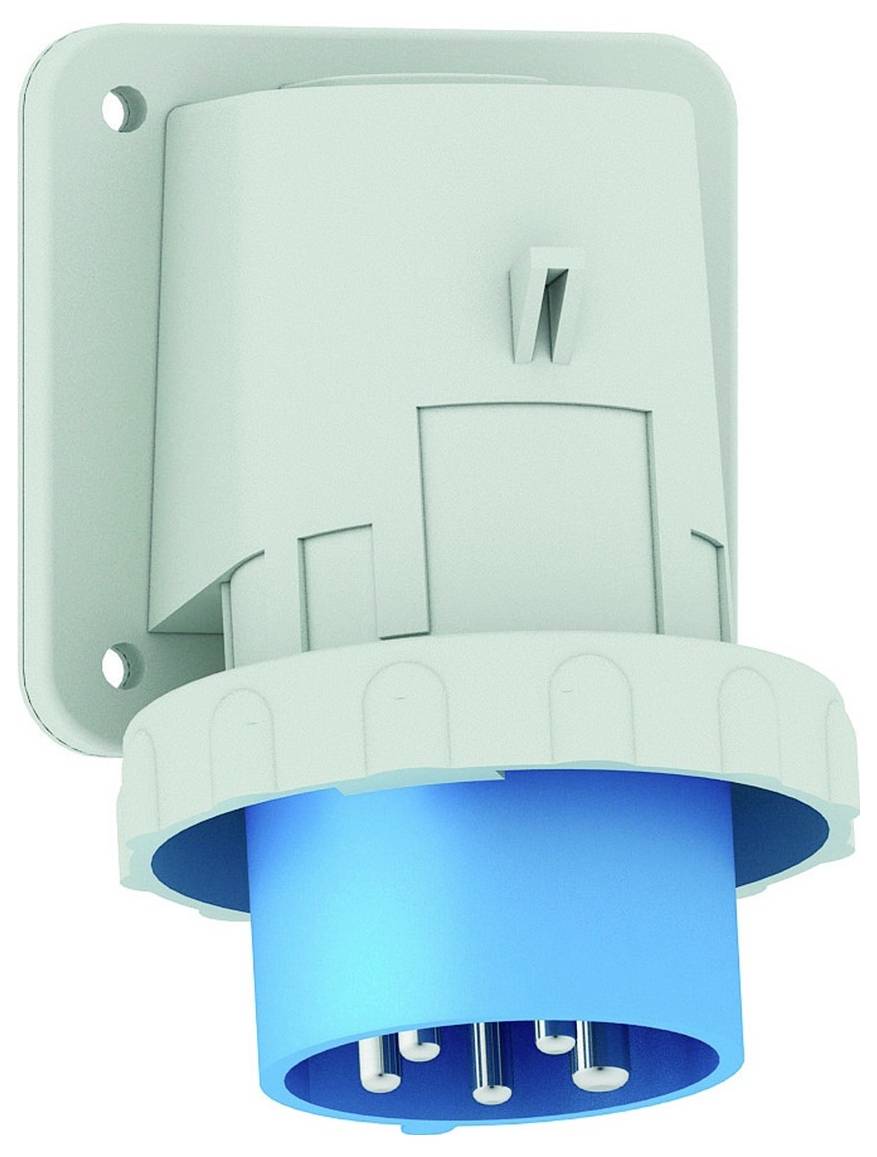 Ein blauer und grauer industrieller Elektrostecker mit Schutzgehäuse, montiert auf einer Wandplatte.