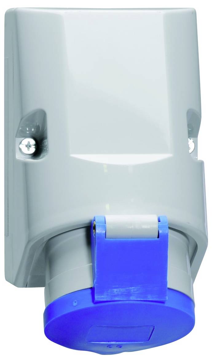 Eine graue Elektrosteckdose mit blauer Abdeckung für industrielle Zwecke ist an einer Wand montiert.