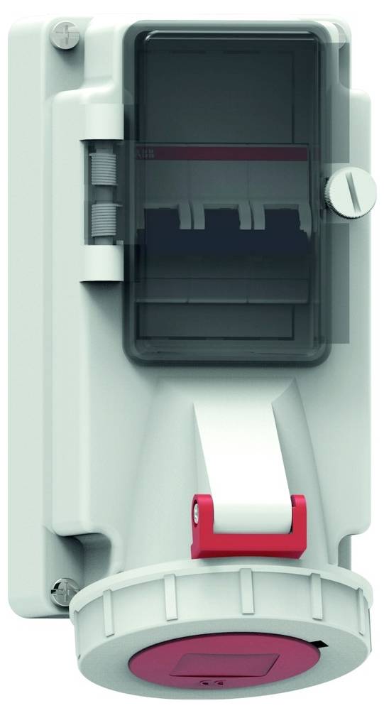 Eine graue Industrie-Steckdose mit transparenter Abdeckung und rotem Verschlussmechanismus, entwickelt für sichere und wetterfeste Verbindungen.