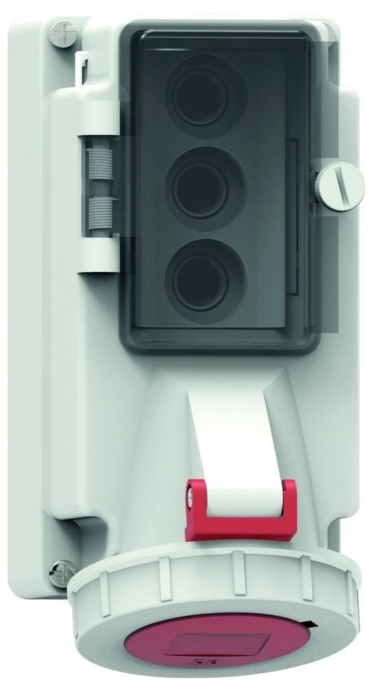 Ein grauer industrieller Stecker mit einer Schutzkappe und einem prominenten roten Verriegelungsmechanismus ist auf einer weißen Oberfläche montiert.