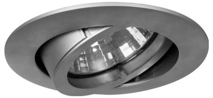 Verstellbarer eingebauter Deckenspot mit geneigter kreisförmiger Blende und reflektierendem Objektiv, dargestellt in Silber.