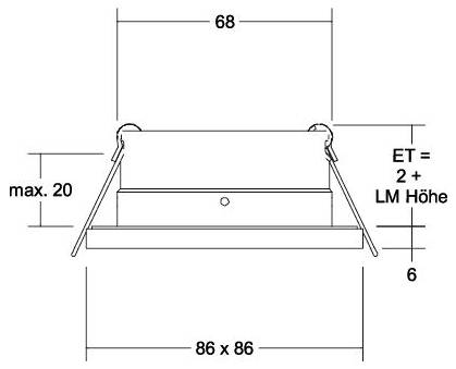 Technisches Diagramm einer Vorrichtung mit Abmessungen: 68 obere Breite, 86 x 86 Basis, max. 20 Höhenbegrenzung und Notiz „ET = 2 + LM Höhe