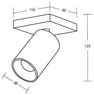 Technisches Diagramm einer zylindrischen Wandleuchte: rechteckige Basis 110 mal 90, vorstehender Zylinder 60 breit und 125 hoch, in isometrischer Ansicht dargestellt.