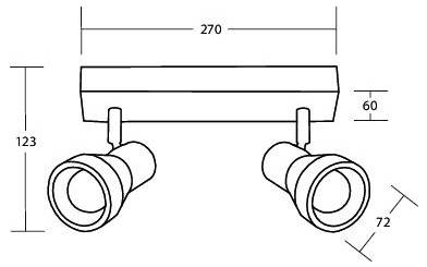 Technische Zeichnung einer Dual-Spotlightleuchte mit zwei zylindrischen Köpfen auf einem rechteckigen Träger, mit den Abmessungen 270 mm Breite, 123 mm Höhe, 60 mm Tiefe und 72 mm Kopflänge.