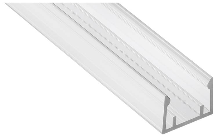 Aluminium-Kanal für LED-Streifenmontage mit milchiger Diffusorscheibe und Befestigungsklammernut für gleichmäßige Lichtverteilung und sichere Befestigung.