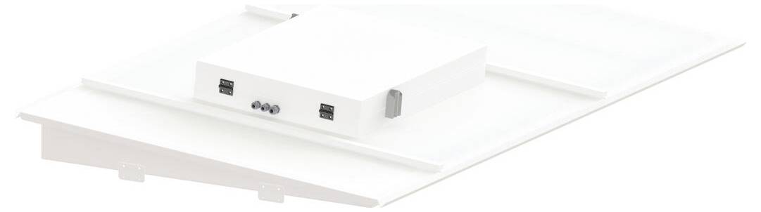 Nahaufnahme eines weißen elektronischen Geräts mit zwei USB-Anschlüssen und drei kleinen Tasten oben. Das Objekt scheint auf einer flachen, geneigten Oberfläche montiert zu sein.